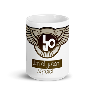 (L.O.J.) Lion Of Judah Design  Bronze Logo White glossy mug