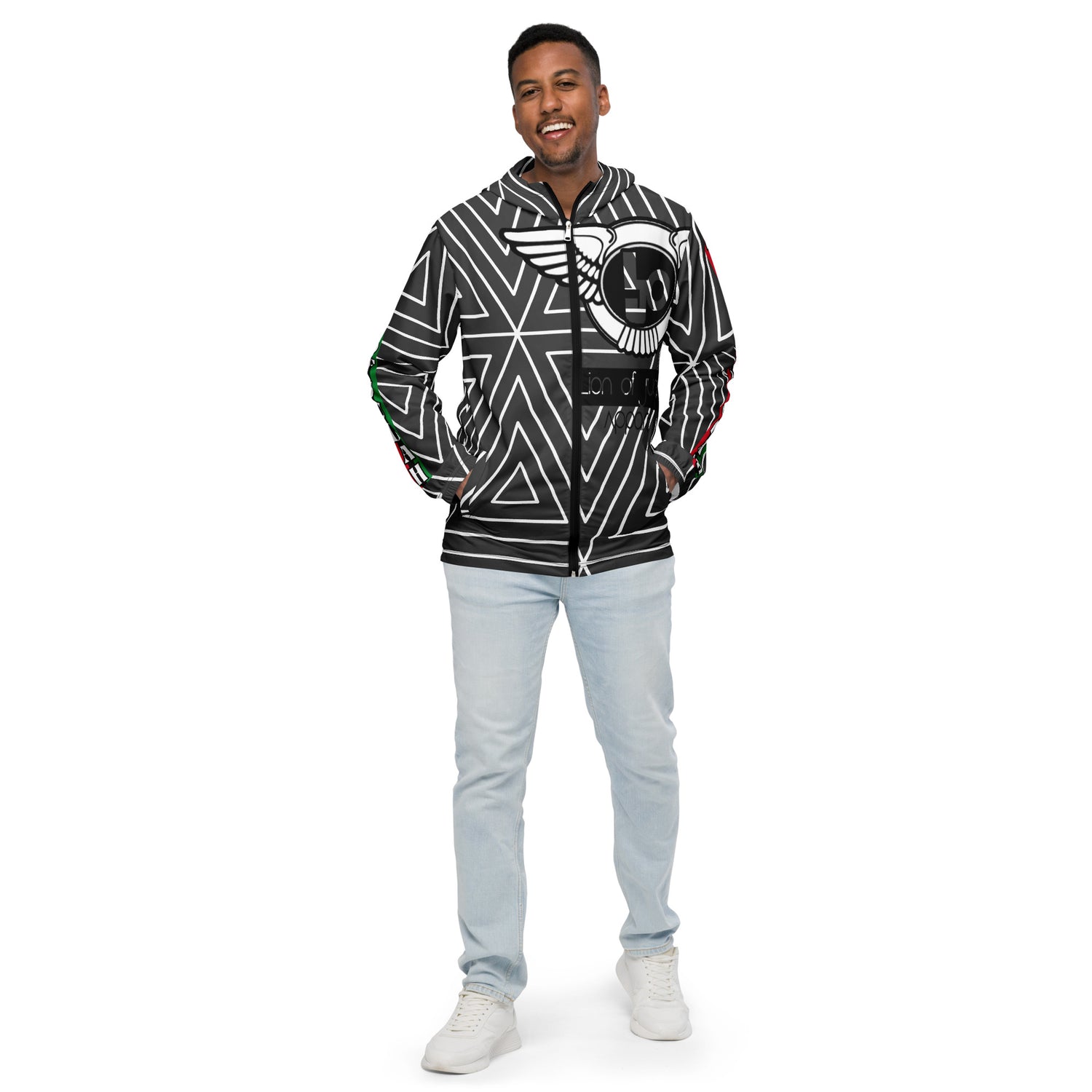 Lion Of Judah Black Logo Black with White stripe shape Pattern Design Men's Windbreaker