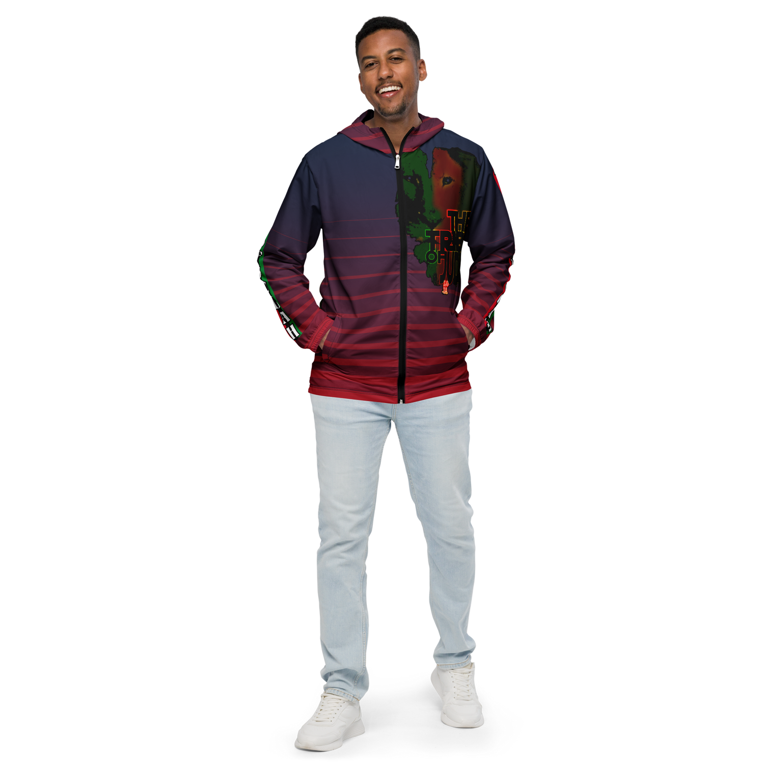 Tribe Of Judah Lion Blue Fade into Red Stripe Graphic Design Men’s windbreaker