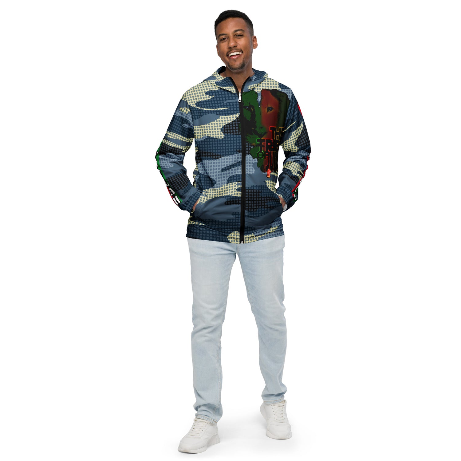 Tribe Of Judah Lion light Blue & Dark Blue & White Camo with Dots Graphic Design V.3 Men’s windbreaker