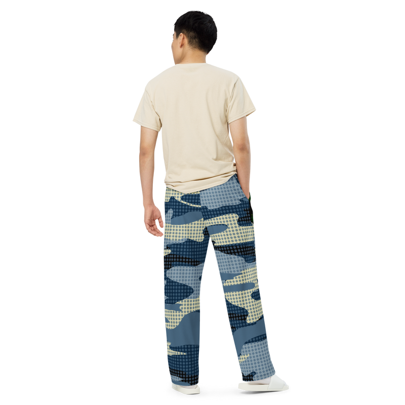 Tribe Of Judah Lion light Blue & Dark Blue & White Camo with Dots Graphic Design V.3 Unisex Wide-Leg Pants
