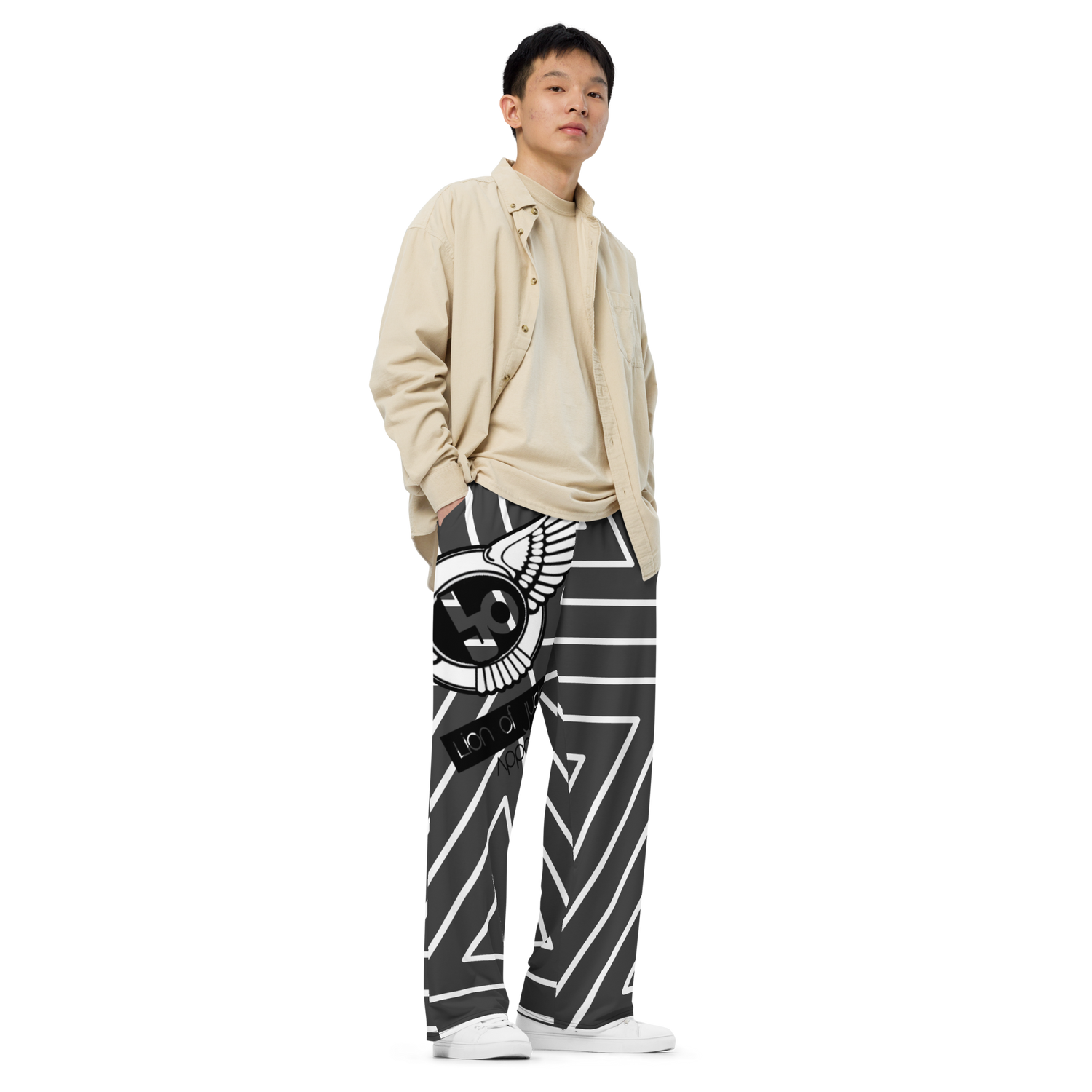 Lion Of Judah Black Logo Black with White stripe shape Pattern Design Unisex Wide-Leg Pants