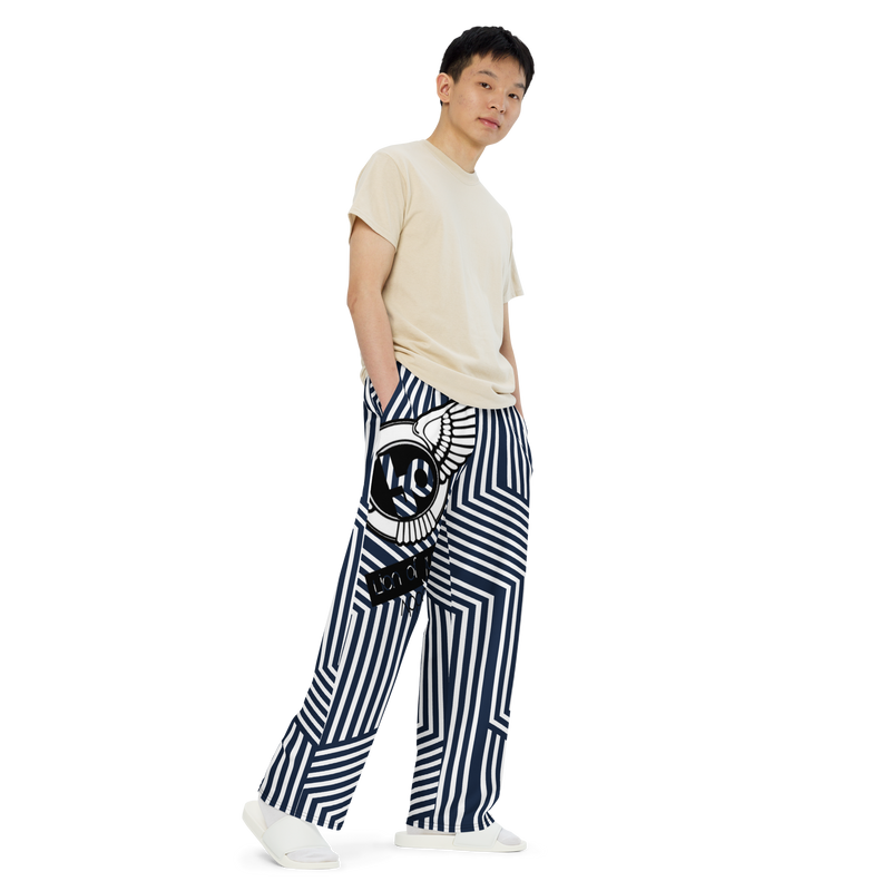 Lion Of Judah Black Logo Blue with White stripe Graphic Design Unisex Wide-Leg Pants