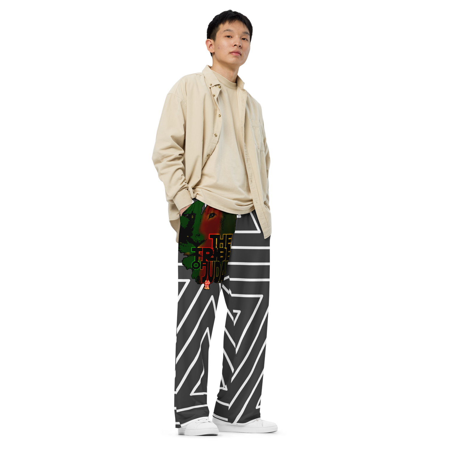 Tribe Of Judah Lion Black & White Abstract shape stripe Graphic Design Unisex Wide-Leg Pants