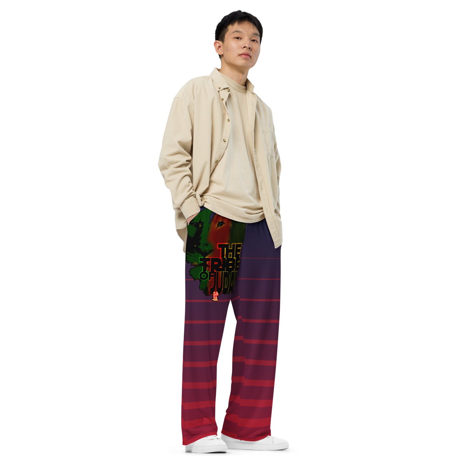 Tribe Of Judah Lion Blue Fade into Red Stripe Graphic Design Unisex Wide-Leg Pants
