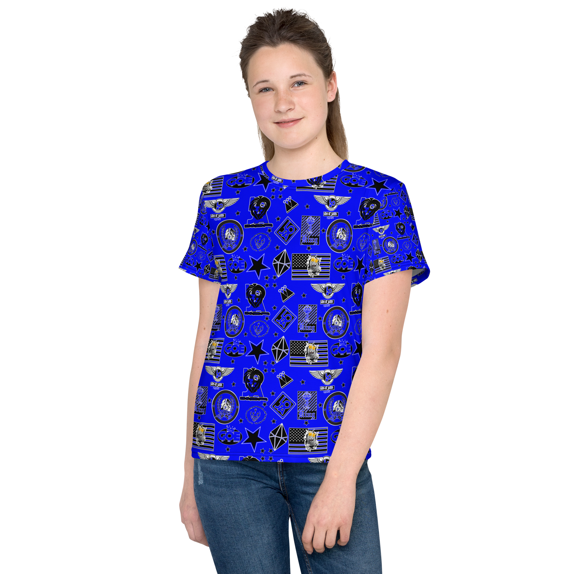 Lion Of Judah Apparel Blue Pattern Design Youth crew neck t-shirt