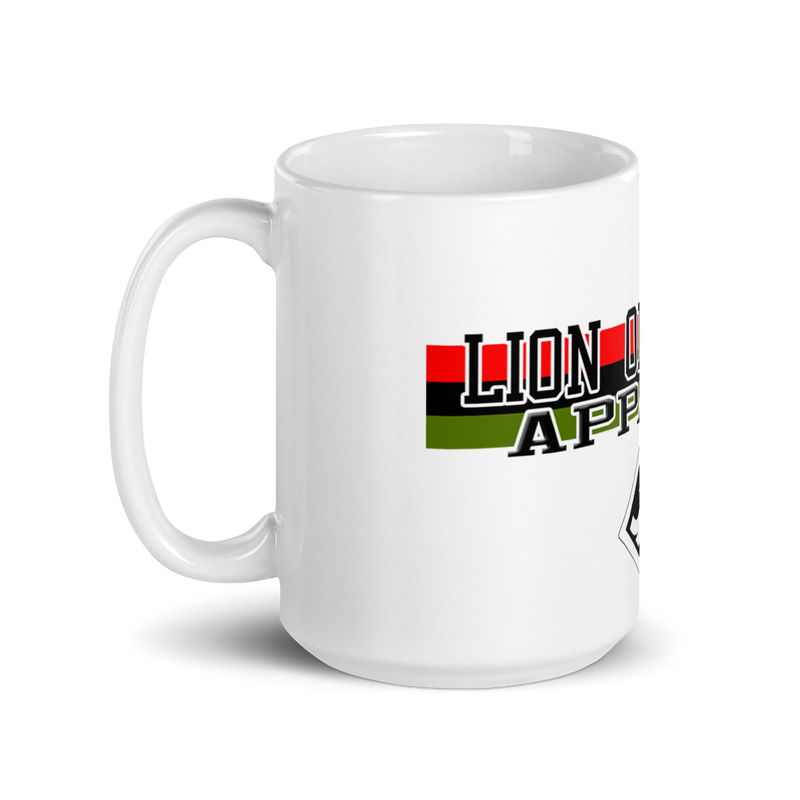 Lion Of Judah Apparel Branding Tag White glossy mug